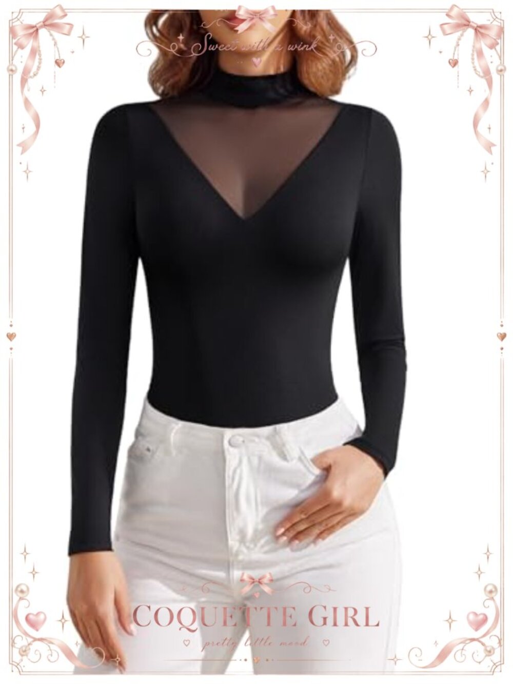Mock Neck Sheer Mesh Bodysuit Long Sleeve Snap Closure Nylon Spandex